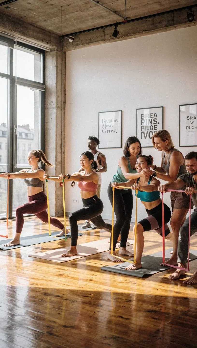 Grupa osób ćwiczących z wykorzystaniem taśm oporowych w bezpiecznej przestrzeni.